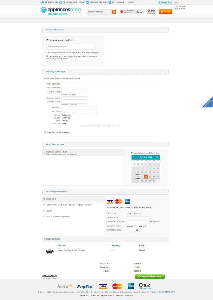 One page checkout, www.appliancesonline.com.au,