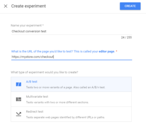 Google Optimize experiment creation