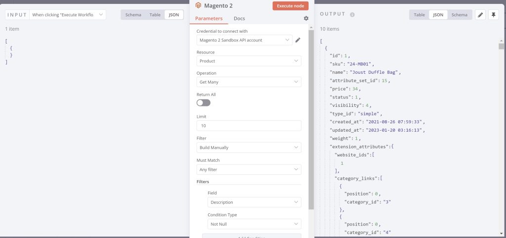 Magento 2 N8N node with product data 